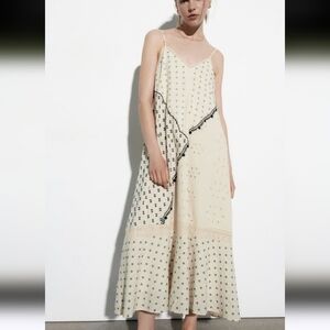 Zara New Ivory & Black Embroidered Eyelet Textured Patchwork Midi Dress SZ XXL